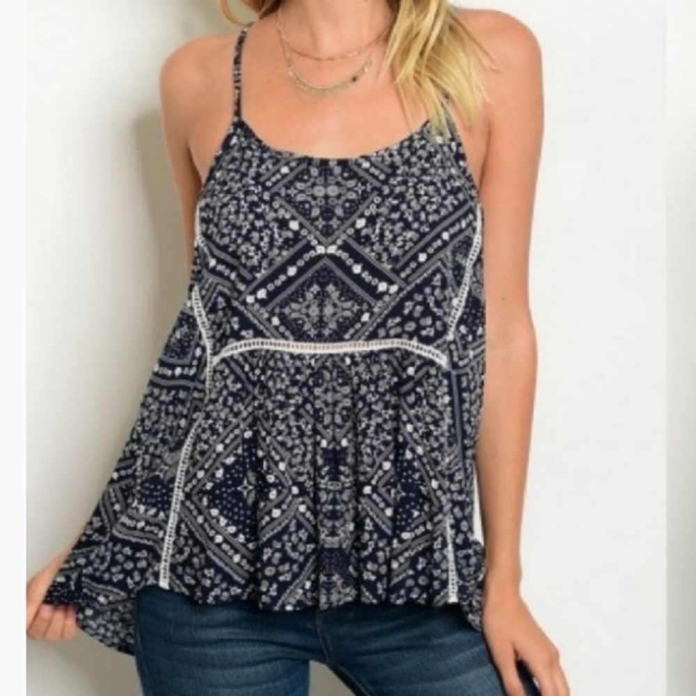 SARA Cami Top Scoop Neck Boho Navy Bandana Print White Ladder Lace Siz Small NWT